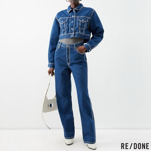 RE/ DONE **NWT** Cropped Chunky Stitch 'Trucker' Indigo Denim Jacket - Picture 3 of 16